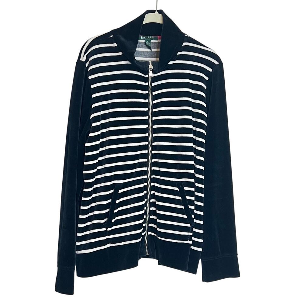 Lauren Ralph Lauren Womens Velour Plush Zip Up Jacket Size XL Navy White Striped